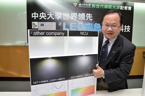 光電系孫慶成主任發表世界領先之LED光色封裝技術。前圖為LED色溫均齊度的對照，中大領先技術(右)，空間色彩均齊一致。石孟佳攝