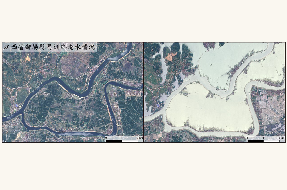長江中下游淹水情形前後對照，圖中為嚴重淹水區之一的江西鄱陽縣。整個長江中下游被洪水淹沒的面積相當可觀，約一萬八千平方公里的土地。照片太遙中心提供