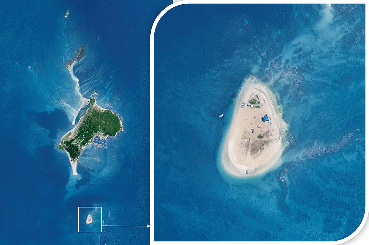 澎湖的吉貝嶼，從超高解析影像中，可見周圍裾礁與潟湖等特殊地形。影像中央大學太空及遙測研究中心提供