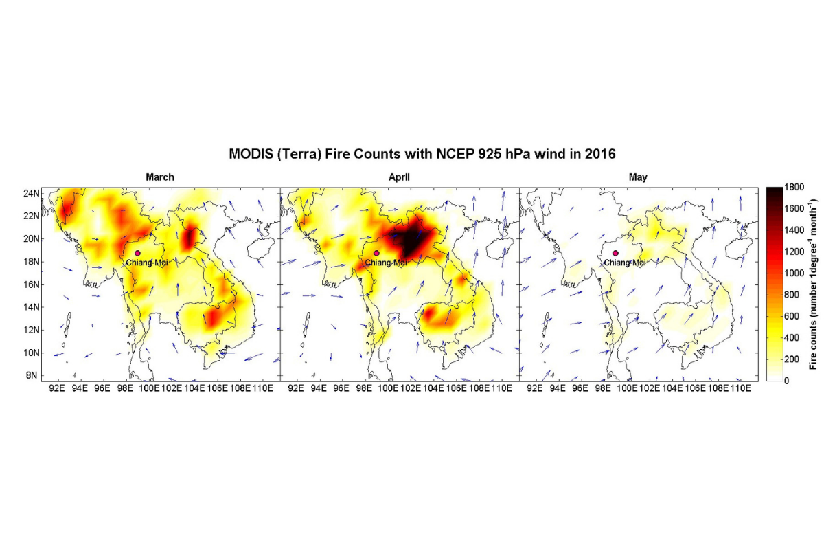 北東南亞環周邊月火災數。紅點為清邁所在位置，並顯示NCEP再分析925hPa風（向量）。大氣系提供。
