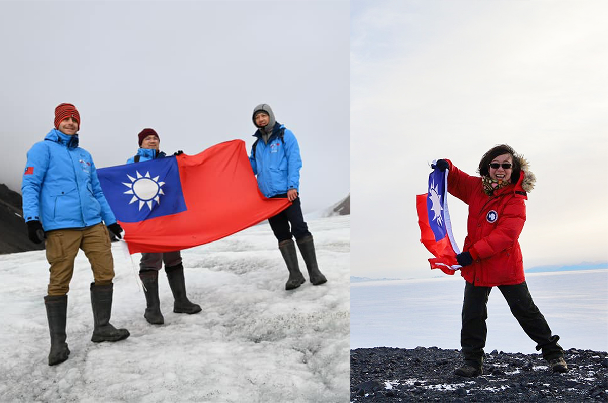 兩組科學家深入極地研究，不約而同在南北極插上中華民國國旗。照片林映岑助理教授、郭陳澔教授提供