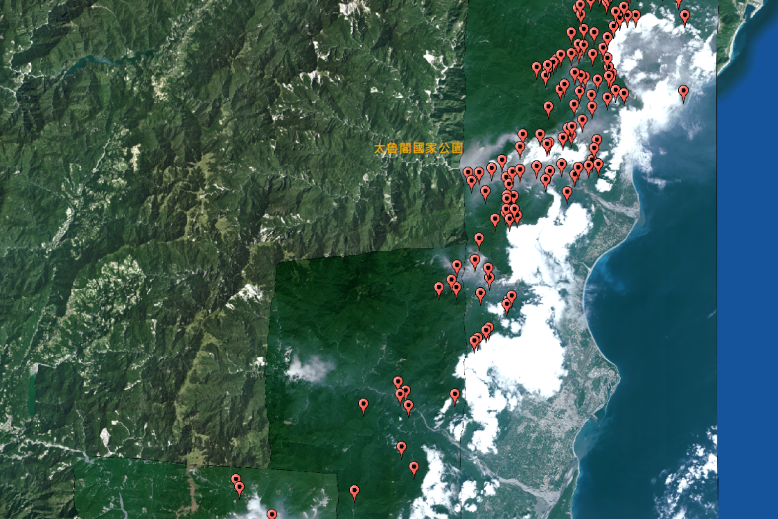 Pleiades very-high-resolution satellite images and analysis results show suspected landslide points in mountainous areas around Hualien on April 3rd. Photo provided by the CSRSR